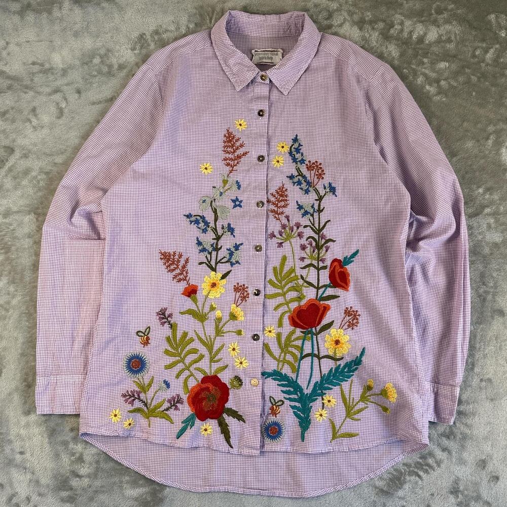 Johnny Was Provence Embroidered Floral Button Up Blouse Purple Womens